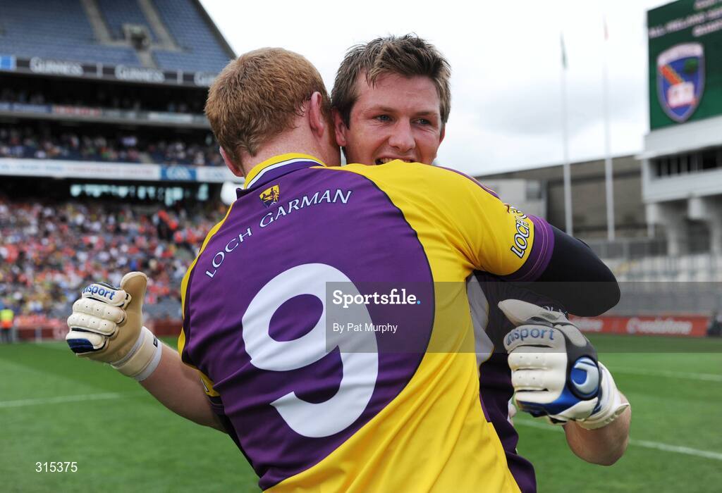 9 August 2008; Wexford goalkeeper Anthony Masterson celebrates with team-mate Brendan Doyle after the game. GAA Football All-Ireland Senior Championship Quarter-Final, Armagh v Wexford, Croke Park, Dublin. Picture credit: Pat Murphy / SPORTSFILE