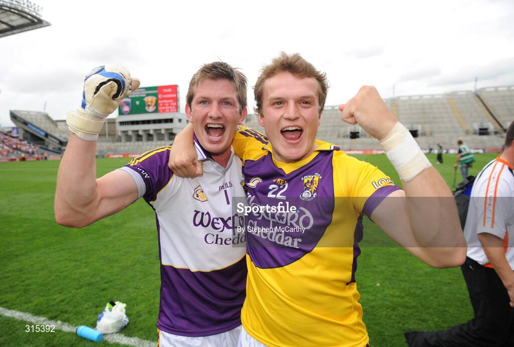 9 August 2008; Wexford's Anthony Masterson and George Sunderland celebrates their side's victory. GAA Football All-Ireland Senior Championship Quarter-Final, Armagh v Wexford, Croke Park, Dublin. Picture credit: Stephen McCarthy / SPORTSFILE