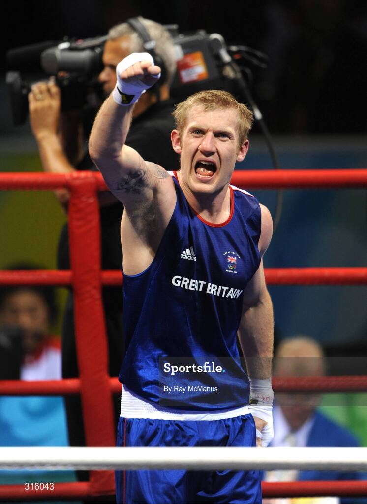 14 August 2008; Tony Jeffries, Great Britain, celebrates victory in the 'round of 16' Light heavy weight, 81 kg, contest. Beijing 2008 - Games of the XXIX Olympiad, Beijing Workers Gymnasium, Olympic Green, Beijing, China. Picture credit: Ray McManus / SPORTSFILE
