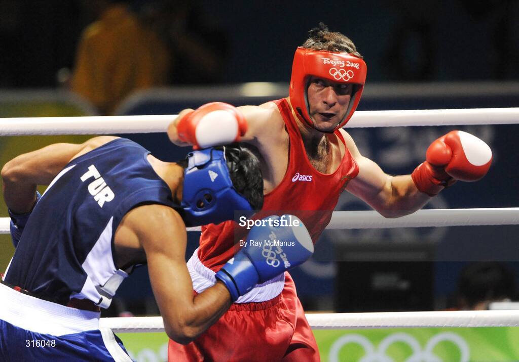 14 August 2008; Kenny Egan, Ireland. in action against Bahram Muzaffer, Turkey, in the blue vest, during the 'round of 16' Light heavy weight, 81 kg, contest. Beijing 2008 - Games of the XXIX Olympiad, Beijing Workers Gymnasium, Olympic Green, Beijing, China. Picture credit: Ray McManus / SPORTSFILE