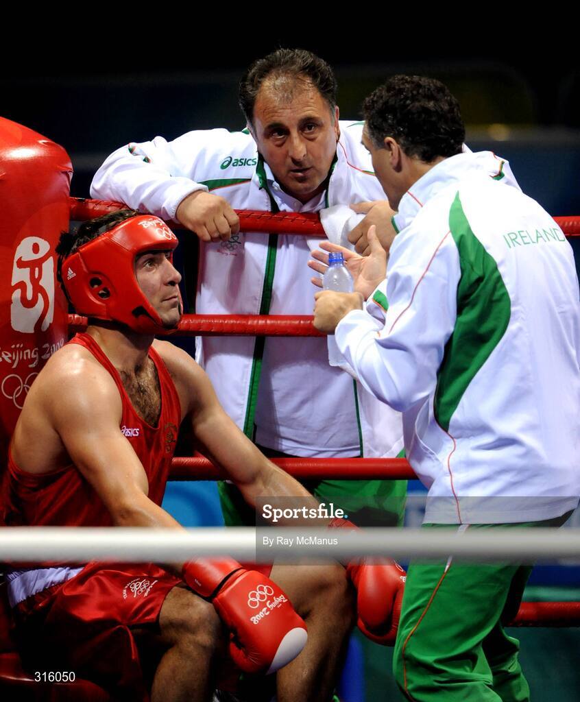 14 August 2008; Ireland's Kenny Egan listens to advise from head coach Billy Walsh and technical coach Zaur Antia, centre, during rounds of his bout with Bahram Muzaffer, Turkey, in the 'round of 16' Light heavy weight, 81 kg, contest. Beijing 2008 - Games of the XXIX Olympiad, Beijing Workers Gymnasium, Olympic Green, Beijing, China. Picture credit: Ray McManus / SPORTSFILE