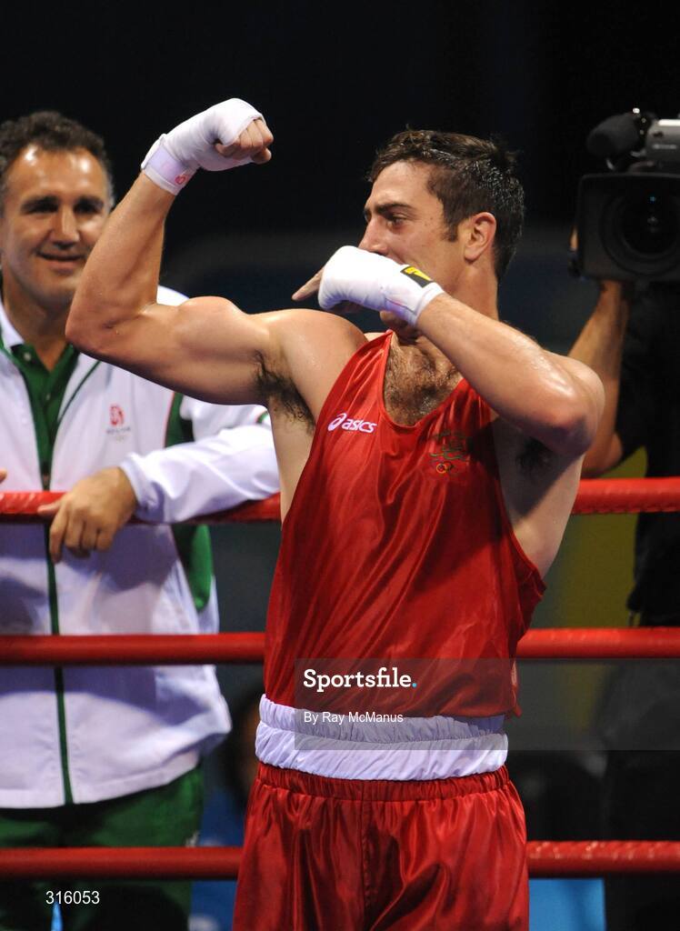 14 August 2008; Ireland's Kenny Egan celebrates victory over Bahram Muzaffer, Turkey, in the 'round of 16' Light heavy weight, 81 kg, contest. Beijing 2008 - Games of the XXIX Olympiad, Beijing Workers Gymnasium, Olympic Green, Beijing, China. Picture credit: Ray McManus / SPORTSFILE