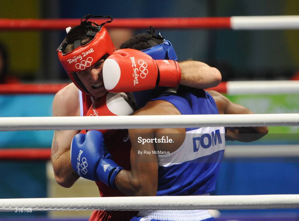 14 August 2008; John Joe Joyce, Ireland, in action against Felix Diaz, Dominican Republic, in the blue vest, during the 'round of 16' Light welter weight, 64 kg, contest. Beijing 2008 - Games of the XXIX Olympiad, Beijing Workers Gymnasium, Olympic Green, Beijing, China. Picture credit: Ray McManus / SPORTSFILE