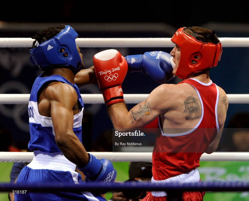 14 August 2008; John Joe Joyce, Ireland, in action against Felix Diaz, Dominican Republic, in the blue vest, during the 'round of 16' Light welter weight, 64 kg, contest. Beijing 2008 - Games of the XXIX Olympiad, Beijing Workers Gymnasium, Olympic Green, Beijing, China. Picture credit: Ray McManus / SPORTSFILE