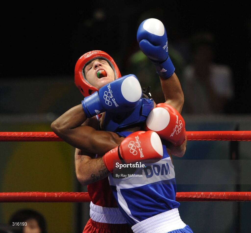 14 August 2008; John Joe Joyce, Ireland, in action against Felix Diaz, Dominican Republic, in the blue vest, during the 'round of 16' Light welter weight, 64 kg, contest. Beijing 2008 - Games of the XXIX Olympiad, Beijing Workers Gymnasium, Olympic Green, Beijing, China. Picture credit: Ray McManus / SPORTSFILE