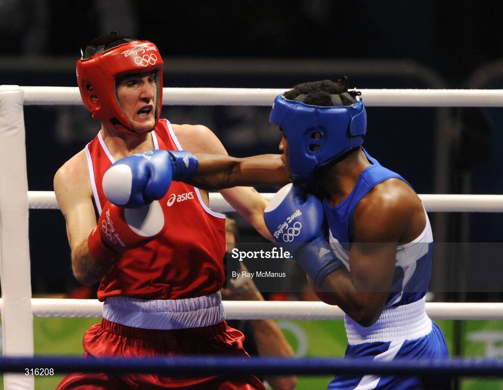 14 August 2008; John Joe Joyce, Ireland, in action against Felix Diaz, Dominican Republic, in the blue vest, during the 'round of 16' Light welter weight, 64 kg, contest. Beijing 2008 - Games of the XXIX Olympiad, Beijing Workers Gymnasium, Olympic Green, Beijing, China. Picture credit: Ray McManus / SPORTSFILE