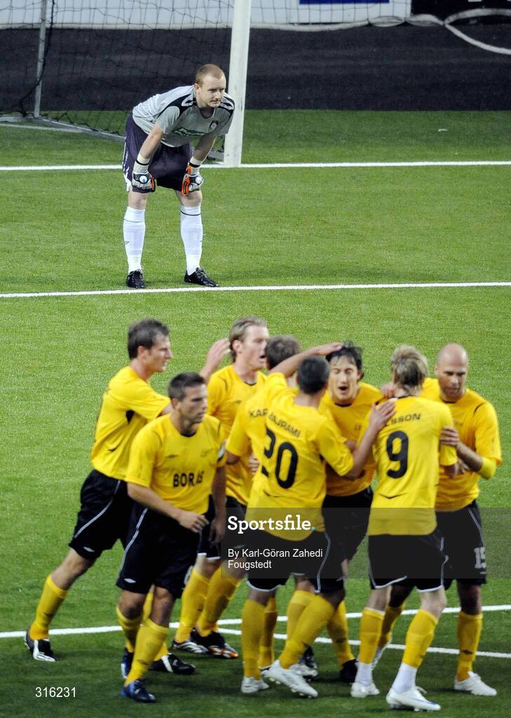 14 August 2008; Stefan Ishizaki, IF Elfsborg, celebrates a goal with team mates as Barry Ryan, St. Patrick's Athletic reacts. UEFA Cup Second Qualifying Round, 1st Leg, St. Patrick's Athletic v IF Elfsborg, Borås Arena, Sweden. Picture credit: Karl-Göran Zahedi Fougstedt / SPORTSFILE