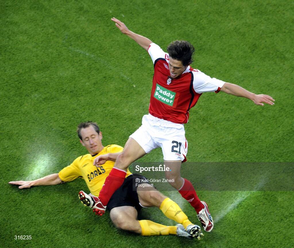 14 August 2008; Ryan Guy, St. Patrick's Athletic, in action against Johan Karlsson, IF Elfsborg. UEFA Cup Second Qualifying Round, 1st Leg, St. Patrick's Athletic v IF Elfsborg, Borås Arena, Sweden. Picture credit: Karl-Göran Zahedi Fougstedt / SPORTSFILE