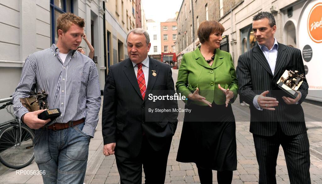13 August 2008; Galway celebrated a unique double today when Padraic Joyce and Joe Canning were named the Vodafone GAA All Stars Footballer and Hurler of the Month for July. Pictured after presenting the awards is GAA President Nickey Brennan, Carolan Lennon, Consumer Marketing Director, Vodafone, Joe Canning, left, and Padraic Joyce, right. Vodafone GAA Players of the Month Award - July, Westbury Hotel, Dublin. Picture credit: Stephen McCarthy / SPORTSFILE