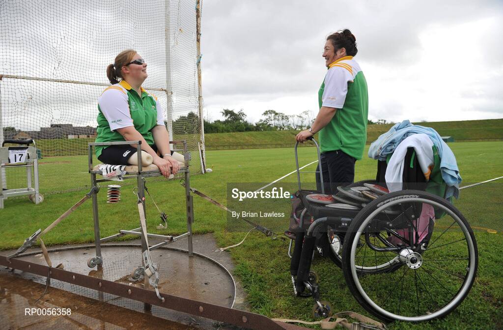 9 August 2008; Ireland's Orla Barry, F57 Discus, from Ladysbridge, Cork, in conversation with Rose McCoy at the final whole team Paralympic training camp in the University of Limerick before the 45 strong Irish team, across nine sports, departs for its pre Games holding camp in Beijing later this month ahead of the 13th Paralympic Games which get underway on Sept 6th in the Chinese capital. University of Limerick, Limerick. Picture credit: Brian Lawless / SPORTSFILE