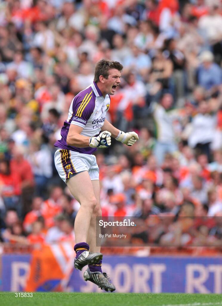 9 August 2008; Wexford goalkeeper Anthony Masterson jumps in celebration after his side scored a goal. GAA Football All-Ireland Senior Championship Quarter-Final, Armagh v Wexford, Croke Park, Dublin. Picture credit: Pat Murphy / SPORTSFILE