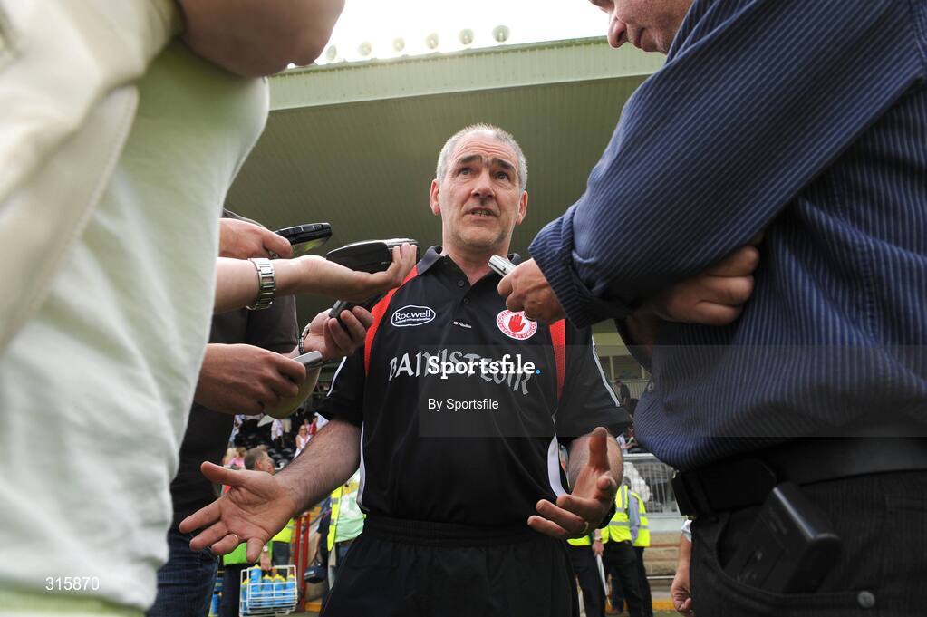 26 July 2008; Tyrone manager Mickey Harte speaking to journalists after the game. GAA Football All-Ireland Senior Championship Qualifier - Rd 2, Tyrone v Westmeath, Healy Park, Omagh, Co. Tyrone. Photo by Sportsfile