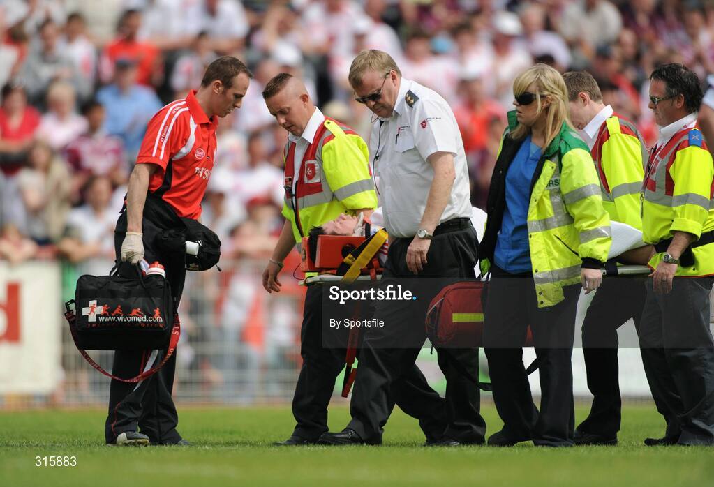 26 July 2008; Sean Cavanagh, Tyrone, is carried off injured. GAA Football All-Ireland Senior Championship Qualifier - Rd 2, Tyrone v Westmeath, Healy Park, Omagh, Co. Tyrone. Photo by Sportsfile