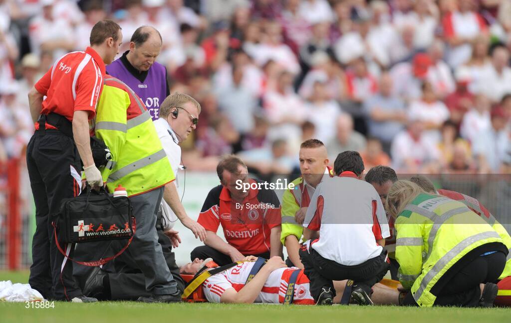 26 July 2008; Medics attend to Sean Cavanagh, Tyrone. GAA Football All-Ireland Senior Championship Qualifier - Rd 2, Tyrone v Westmeath, Healy Park, Omagh, Co. Tyrone. Photo by Sportsfile