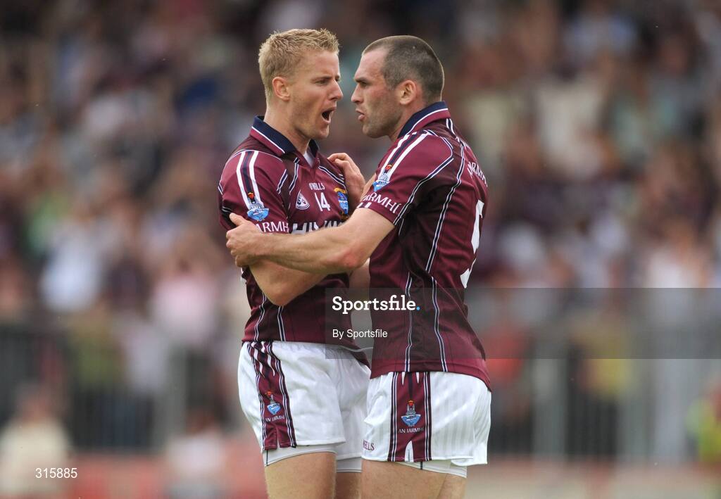 26 July 2008; Denis Glennon, left, Westmeath, congratulates team-mate Michael Ennis after he scored his side's first goal. GAA Football All-Ireland Senior Championship Qualifier - Rd 2, Tyrone v Westmeath, Healy Park, Omagh, Co. Tyrone. Photo by Sportsfile