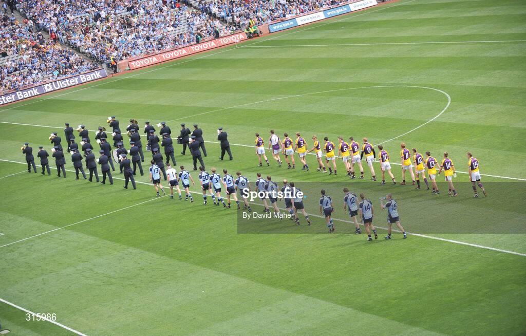 20 July 2008; Dublin and Wexford teams parade before the start of the game. GAA Football Leinster Senior Championship Final, Dublin v Wexford, Croke Park, Dublin. Picture credit: David Maher / SPORTSFILE