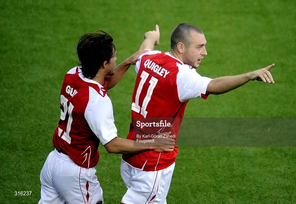 14 August 2008; St. Patrick's Athletic's Mark Quigley celebrates scoring with team mate Ryan Guy. UEFA Cup Second Qualifying Round, 1st Leg, St. Patrick's Athletic v IF Elfsborg, Borås Arena, Sweden. Picture credit: Karl-Göran Zahedi Fougstedt / SPORTSFILE *** Local Caption *** ST PAtricks  scored 1-2 on penalty