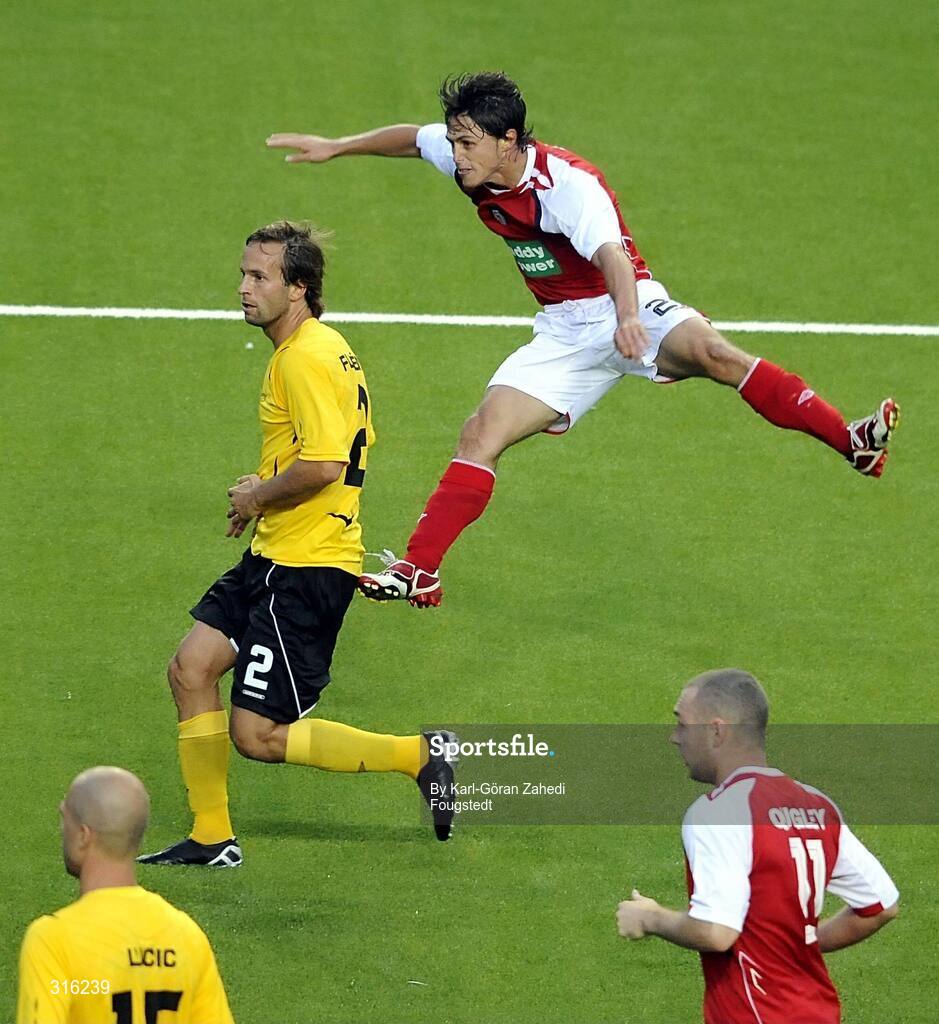 14 August 2008; Ryan Guy, St. Patrick's Athletic, flies through the air during the match. UEFA Cup Second Qualifying Round, 1st Leg, St. Patrick's Athletic v IF Elfsborg, Borås Arena, Sweden. Picture credit: Karl-Göran Zahedi Fougstedt / SPORTSFILE
