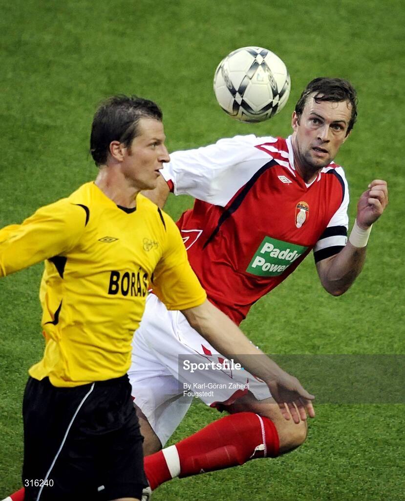 14 August 2008; Jamie Harris, St. Patrick's Athletic, in action against Daniel Mobaeck, IF Elfsborg. UEFA Cup Second Qualifying Round, 1st Leg, St. Patrick's Athletic v IF Elfsborg, Borås Arena, Sweden. Picture credit: Karl-Göran Zahedi Fougstedt / SPORTSFILE