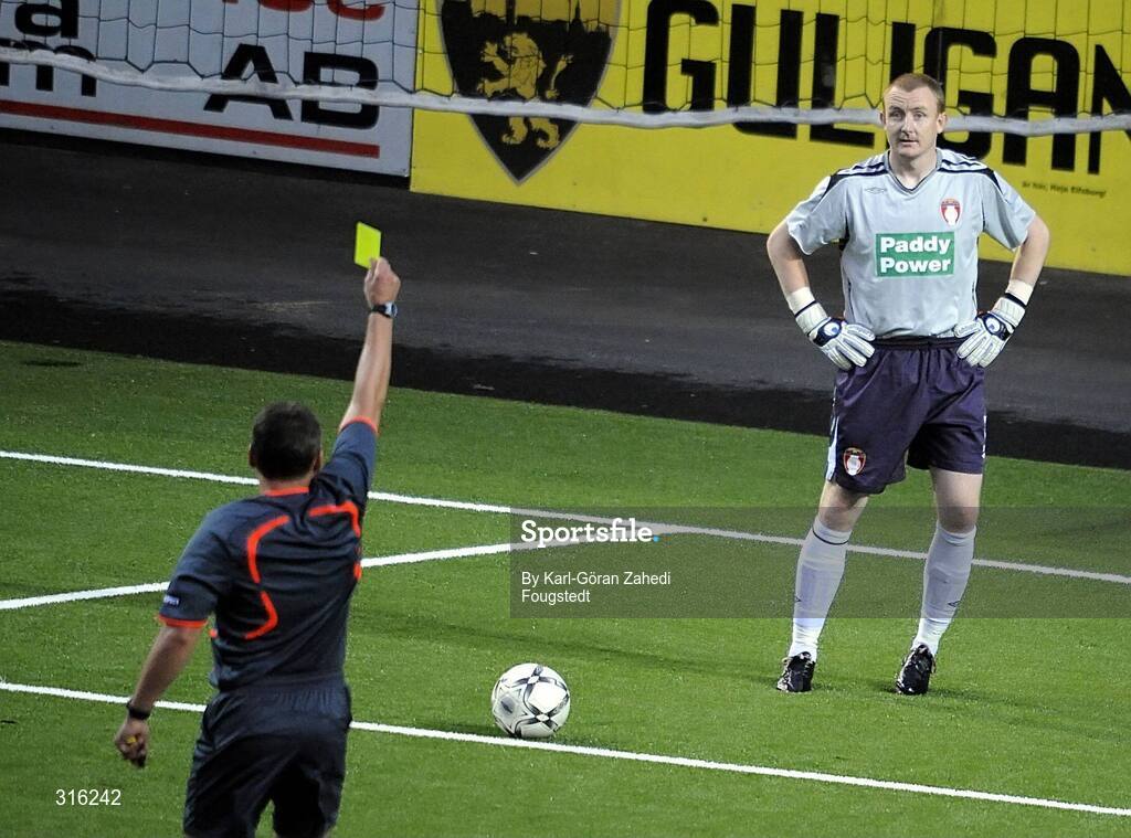 14 August 2008; St. Patrick's Athletic goal keeper Barry Ryan receives a yellow card for masking at the end of the match. UEFA Cup Second Qualifying Round, 1st Leg, St. Patrick's Athletic v IF Elfsborg, Borås Arena, Sweden. Picture credit: Karl-Göran Zahedi Fougstedt / SPORTSFILE