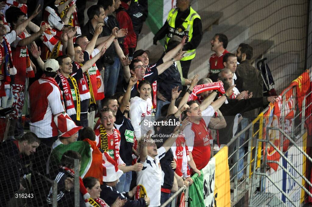 14 August 2008; St. Patrick's Athletic supporters celebrate their teams 2-2 draw against IF Elfsborg. UEFA Cup Second Qualifying Round, 1st Leg, St. Patrick's Athletic v IF Elfsborg, Borås Arena, Sweden. Picture credit: Karl-Göran Zahedi Fougstedt / SPORTSFILE
