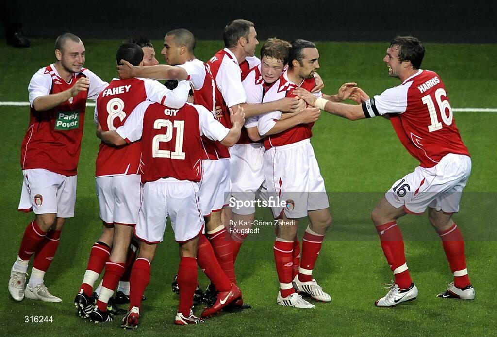 14 August 2008; St. Patrick's Athletic's Gary Dempsey celebrates his goal with team mates. UEFA Cup Second Qualifying Round, 1st Leg, St. Patrick's Athletic v IF Elfsborg, Borås Arena, Sweden. Picture credit: Karl-Göran Zahedi Fougstedt / SPORTSFILE
