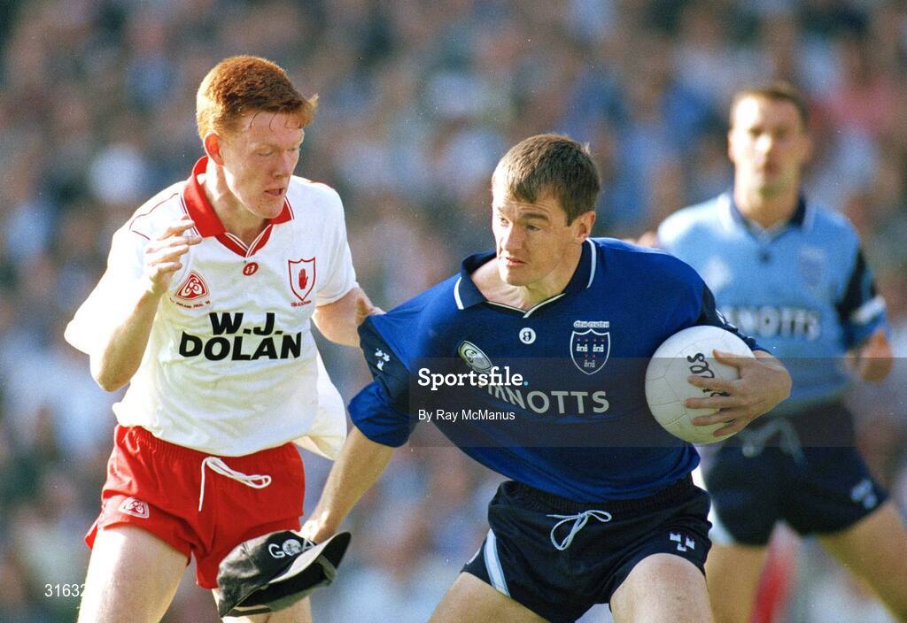 17 September 1995; John O'Leary, Dublin, in action against Ciaran McBride, Tyrone. Bank of Ireland All-Ireland Senior Football Championship Final, Dublin v Tyrone, Croke Park, Dublin. Picture credit; Ray McManus / SPORTSFILE