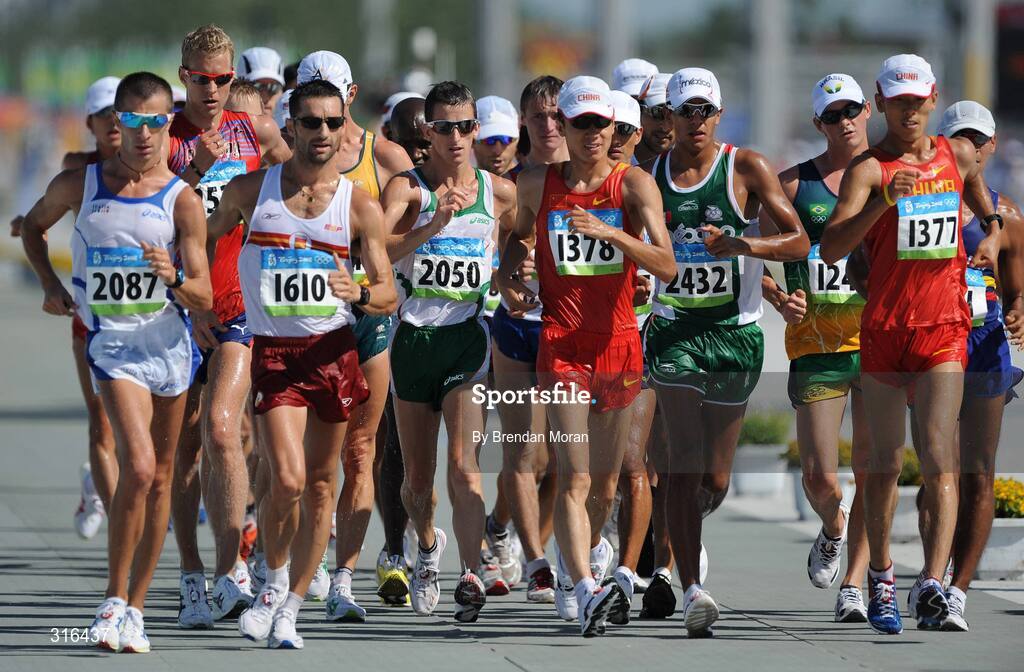 16 August 2008; Robert Heffernan, 2050, Ireland, in action with the main bunch during the Men's 20km Walk Final, in which he finished in 8th place in a time of 1.20.36. Beijing 2008 - Games of the XXIX Olympiad, National Stadium, Olympic Green, Beijing, China. Picture credit: Brendan Moran / SPORTSFILE
