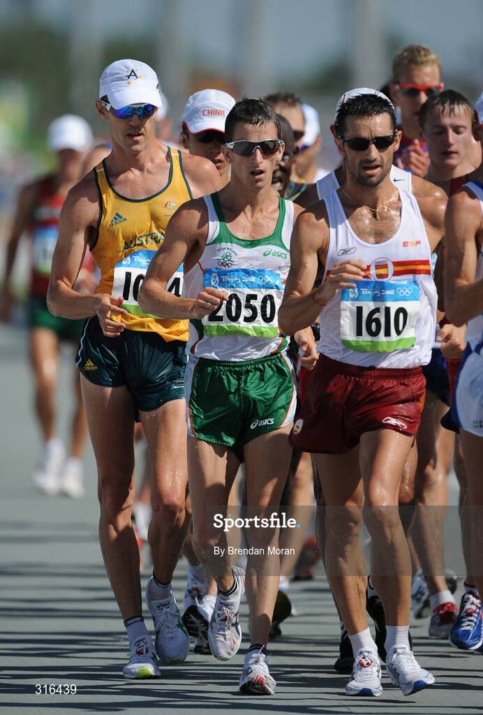 16 August 2008; Robert Heffernan, 2050, Ireland, in action during the Men's 20km Walk Final, in which he finished in 8th place in a time of 1.20.36. Beijing 2008 - Games of the XXIX Olympiad, National Stadium, Olympic Green, Beijing, China. Picture credit: Brendan Moran / SPORTSFILE
