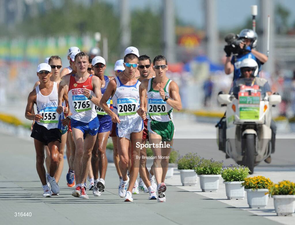 16 August 2008; Robert Heffernan, 2050, Ireland, in action alongside Jefferson Perez, 1555, of Ecuador, eventual winner Valeriy Borchin, 2765, of Russia and Ivano Brugnetti, 2087 of Italy, during the Men's 20km Walk Final, in which he finished in 8th place in a time of 1.20.36. Beijing 2008 - Games of the XXIX Olympiad, National Stadium, Olympic Green, Beijing, China. Picture credit: Brendan Moran / SPORTSFILE