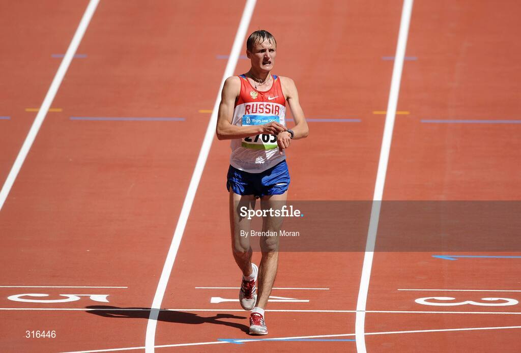16 August 2008; Valeriy Borchin, of Russia, crosses the line to win the Men's 20km Walk Final, in a time of 1.19.01. Beijing 2008 - Games of the XXIX Olympiad, National Stadium, Olympic Green, Beijing, China. Picture credit: Brendan Moran / SPORTSFILE