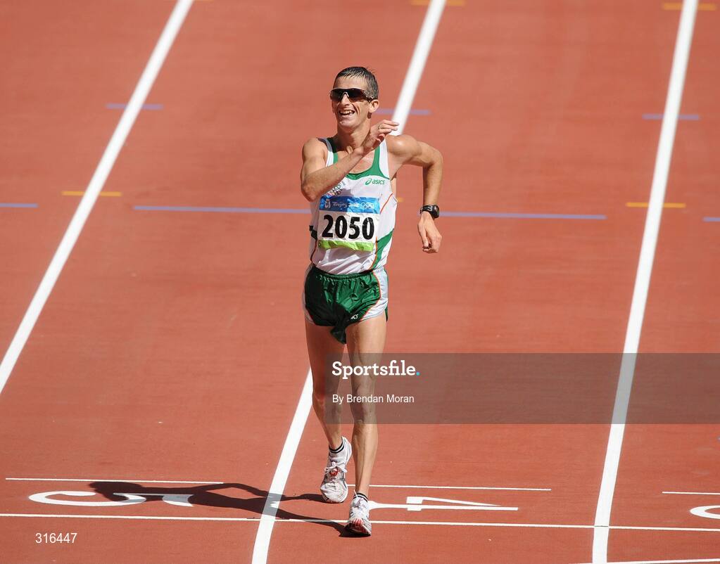 16 August 2008; Robert Heffernan, Ireland, crosses the finish line, finishing in 8th place in the Men's 20km Walk Final, in a time of 1.20.36. Beijing 2008 - Games of the XXIX Olympiad, National Stadium, Olympic Green, Beijing, China. Picture credit: Brendan Moran / SPORTSFILE