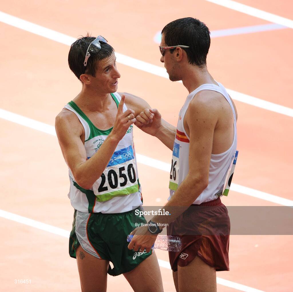 16 August 2008; Robert Heffernan, left, Ireland, in conversation with Benjamin Sanchez, of Spain, after finishing in 8th place in the Men's 20km Walk Final, in a time of 1.20.36. Beijing 2008 - Games of the XXIX Olympiad, National Stadium, Olympic Green, Beijing, China. Picture credit: Brendan Moran / SPORTSFILE