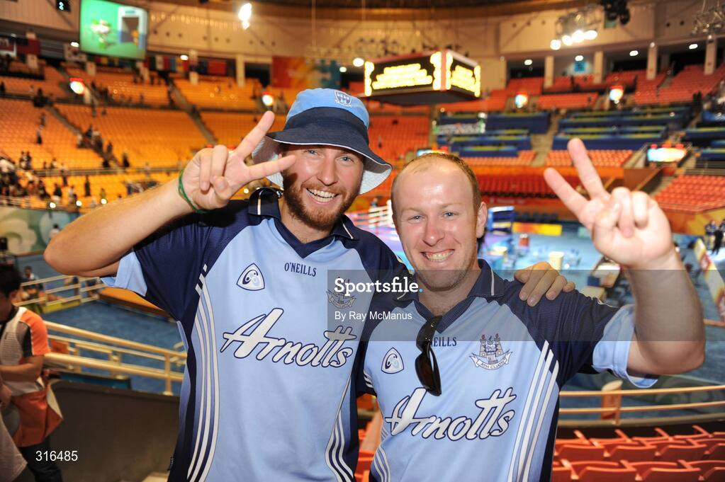 16 August 2008; Dublin supporters Paul Ryan, left, and Darren Nagle, both from Ballinteer, cheer on the Dubs after the Darren Sutherland 'round of 16' Middle weight, 75kg, contest. Beijing 2008 - Games of the XXIX Olympiad, Beijing Workers Gymnasium, Olympic Green, Beijing, China. Picture credit: Ray McManus / SPORTSFILE