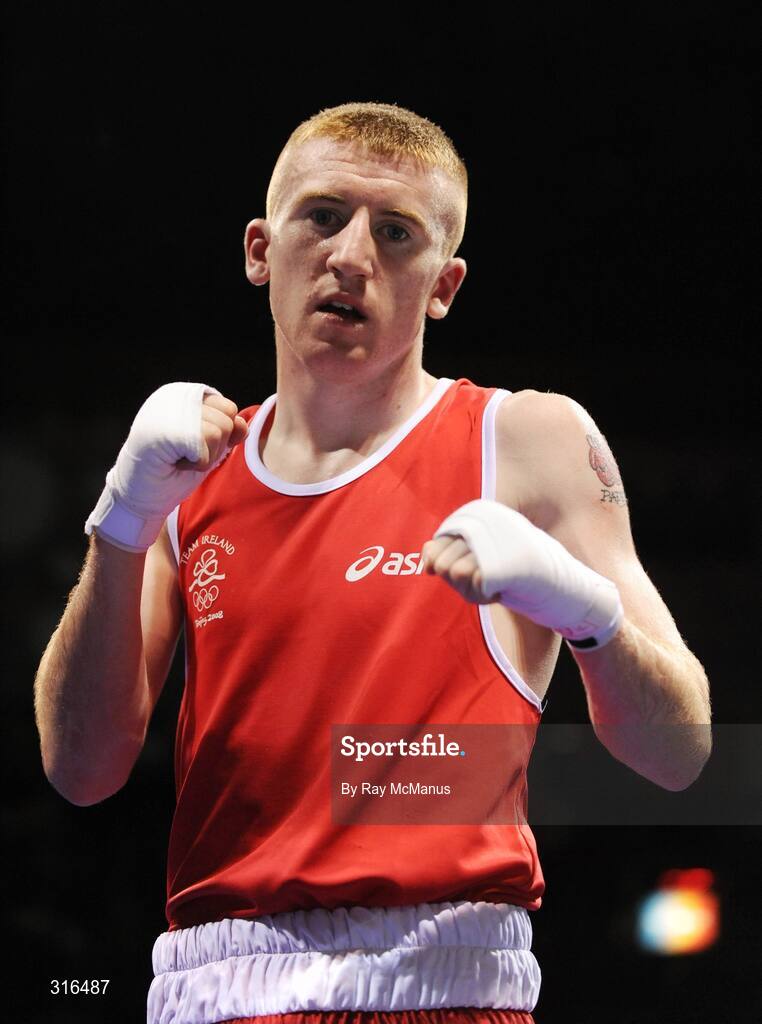 16 August 2008; Paddy Barnes, Ireland, strikes a pose after beating Jose Luis Meza, from Ecuador, in the 'round of 16' Light Fly weight, 48kg, contest. Beijing 2008 - Games of the XXIX Olympiad, Beijing Workers Gymnasium, Olympic Green, Beijing, China. Picture credit: Ray McManus / SPORTSFILE