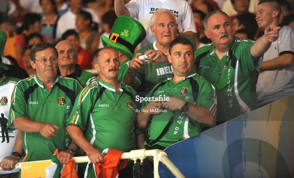 16 August 2008; Supporters of Ireland's Paddy Barnes cheer his success in the 'round of 16' Light Fly weight, 48kg, contest. Beijing 2008 - Games of the XXIX Olympiad, Beijing Workers Gymnasium, Olympic Green, Beijing, China. Picture credit: Ray McManus / SPORTSFILE