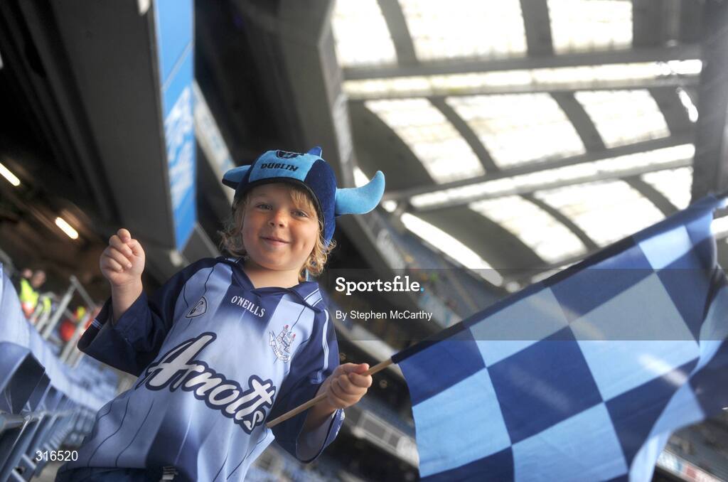 16 August 2008; Dublin supporter Tomas Igoe, age 5, from Castleknock, Dublin, before the game. GAA Football All-Ireland Senior Championship Quarter-Final, Dublin v Tyrone, Croke Park, Dublin. Picture credit: Stephen McCarthy / SPORTSFILE