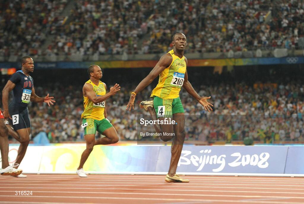 16 August 2008; Usain Bolt of Jamaica races clear of the field on his way to victory in the Men's 100m Final in a world record time of 9.69 seconds. Beijing 2008 - Games of the XXIX Olympiad, National Stadium, Olympic Green, Beijing, China. Picture credit: Brendan Moran / SPORTSFILE