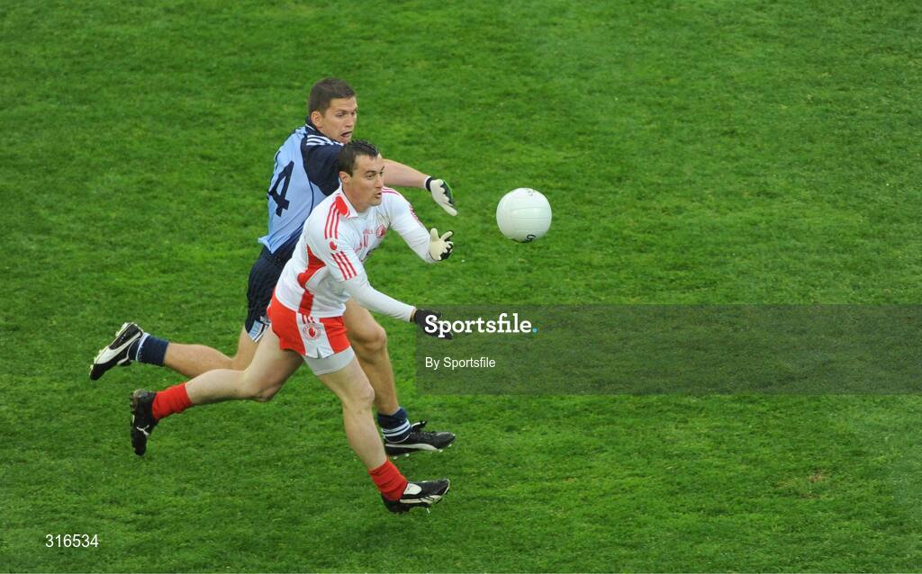 16 August 2008; Brian McGuigan, Tyrone, in action against Conal Keaney, Dublin. GAA Football All-Ireland Senior Championship Quarter-Final, Dublin v Tyrone, Croke Park, Dublin. Photo by Sportsfile