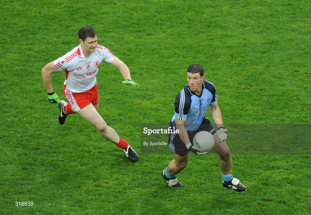 16 August 2008; Colin Moran, Dublin, in action against Enda McGinley, Tyrone. GAA Football All-Ireland Senior Championship Quarter-Final, Dublin v Tyrone, Croke Park, Dublin. Photo by Sportsfile
