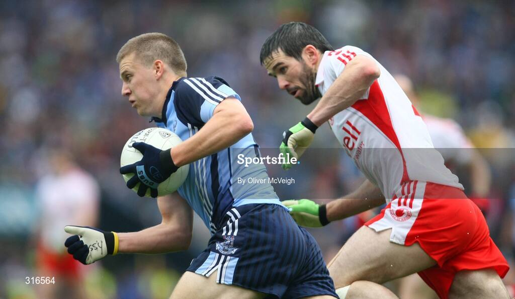 16 August 2008; Tomas Quinn, Dublin, in action against Ciaran Gourley, Tyrone. GAA Football All-Ireland Senior Championship Quarter-Final, Dublin v Tyrone, Croke Park, Dublin. Picture credit: Oliver McVeigh / SPORTSFILE