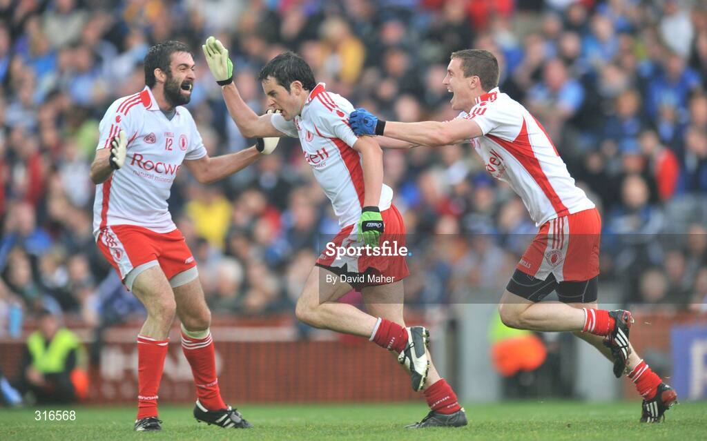 16 August 2008; Tyrone's Davy Harte, centre, celebrates after scoring his side's third goal with team-mates Joseph McMahon, left, and Tommy McGuigan. GAA Football All-Ireland Senior Championship Quarter-Final, Dublin v Tyrone, Croke Park, Dublin. Picture credit: David Maher / SPORTSFILE