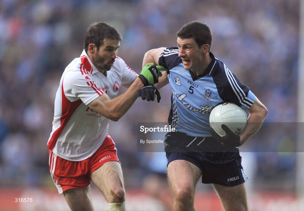 16 August 2008; Colin Moran, Dublin, in action against Ciaran Gourley, Tyrone. GAA Football All-Ireland Senior Championship Quarter-Final, Dublin v Tyrone, Croke Park, Dublin. Photo by Sportsfile