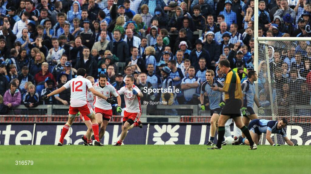 16 August 2008; Tyrone players celebrate after scoring their side's third goal. GAA Football All-Ireland Senior Championship Quarter-Final, Dublin v Tyrone, Croke Park, Dublin. Photo by Sportsfile