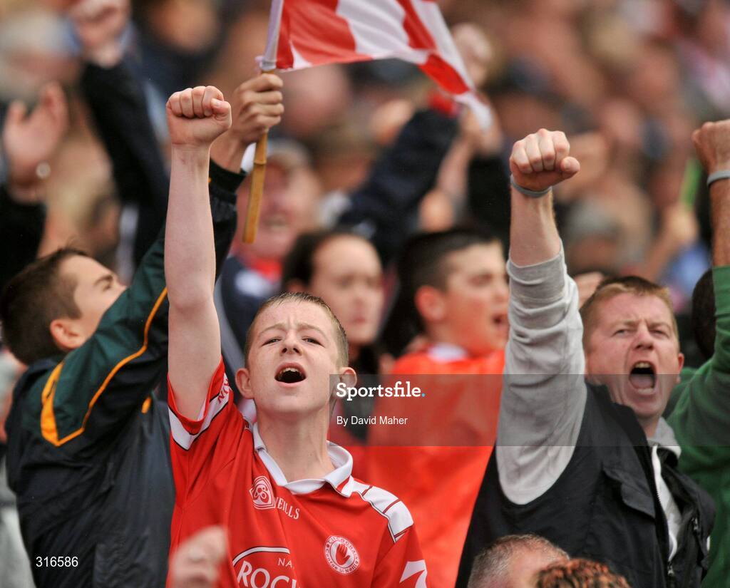 16 August 2008; Tyrone supporters cheer on their team during the game. GAA Football All-Ireland Senior Championship Quarter-Final, Dublin v Tyrone, Croke Park, Dublin. Picture credit: David Maher / SPORTSFILE