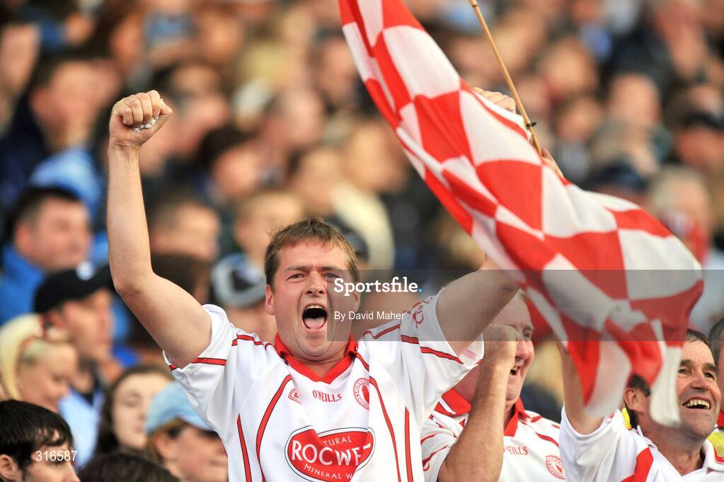 16 August 2008; A Tyrone supporter cheers on his team during the game. GAA Football All-Ireland Senior Championship Quarter-Final, Dublin v Tyrone, Croke Park, Dublin. Picture credit: David Maher / SPORTSFILE