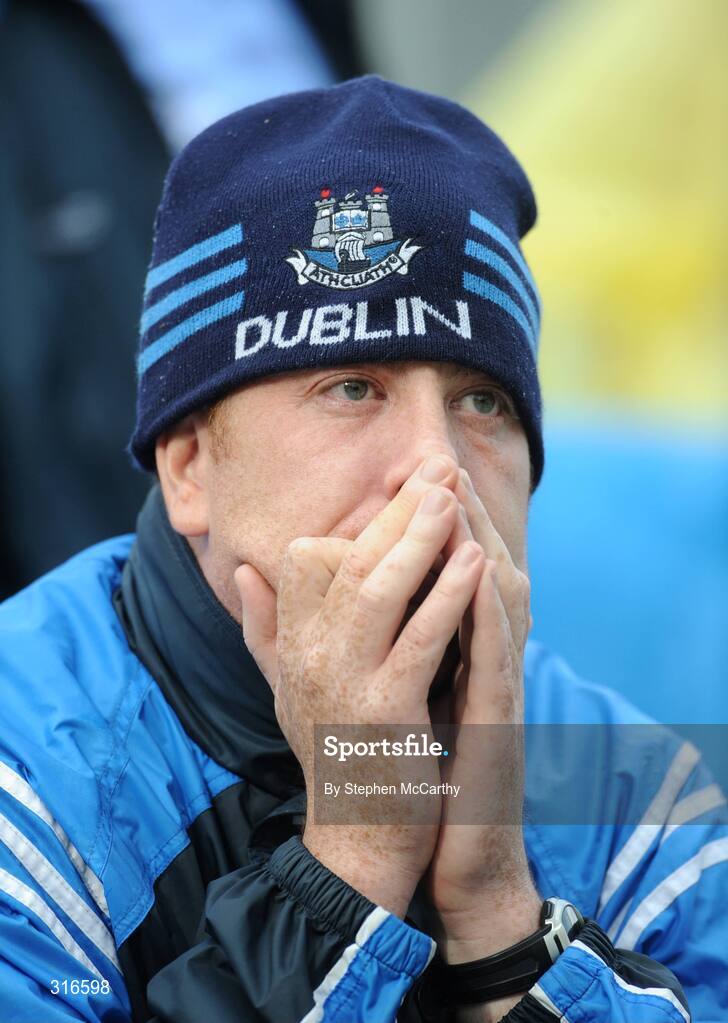 16 August 2008; A dejected Dublin supporter after the match. GAA Football All-Ireland Senior Championship Quarter-Final, Dublin v Tyrone, Croke Park, Dublin. Picture credit: Stephen McCarthy / SPORTSFILE