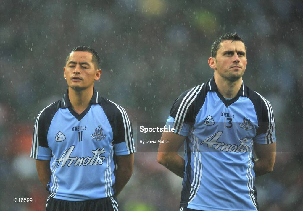 16 August 2008; Dublin players Jason Sherlock, left, and Alan Brogan during the the National Anthem. GAA Football All-Ireland Senior Championship Quarter-Final, Dublin v Tyrone, Croke Park, Dublin. Picture credit: David Maher / SPORTSFILE
