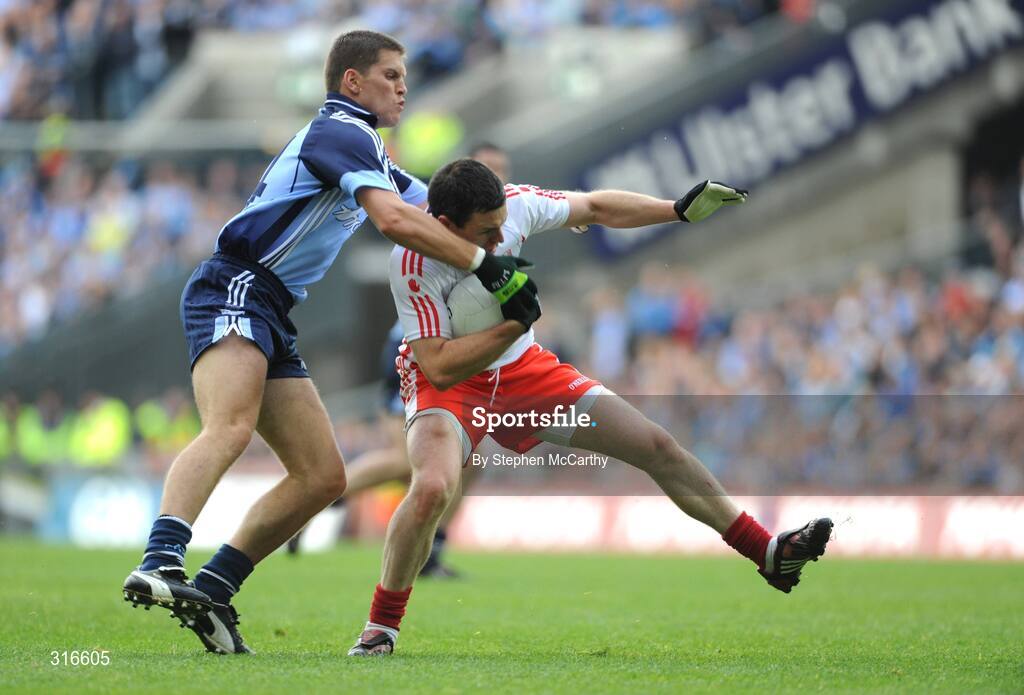 16 August 2008; Conor Gormely, Tyrone, in action against Conal Keaney, Dublin. GAA Football All-Ireland Senior Championship Quarter-Final, Dublin v Tyrone, Croke Park, Dublin. Picture credit: Stephen McCarthy / SPORTSFILE