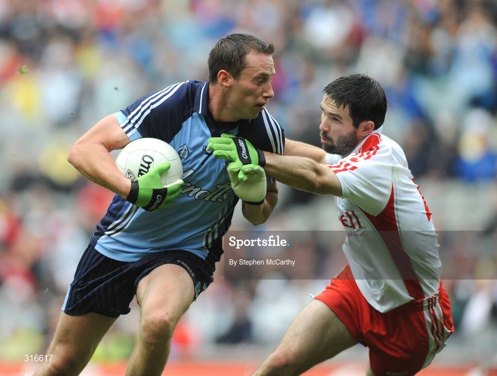 16 August 2008; Barry Cahill, Dublin, in action against Ciaran Gourley, Tyrone. GAA Football All-Ireland Senior Championship Quarter-Final, Dublin v Tyrone, Croke Park, Dublin. Picture credit: Stephen McCarthy / SPORTSFILE